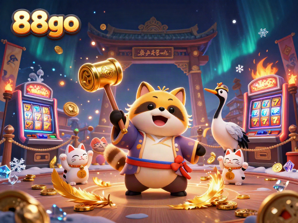 Spin the reels with 88go's vibrant tanuki mascot in a richly decorated 3D casino scene