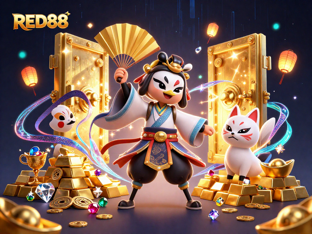 Experience the excitement of RED88 with a kabuki warrior and glowing treasures in a vibrant casino scene.