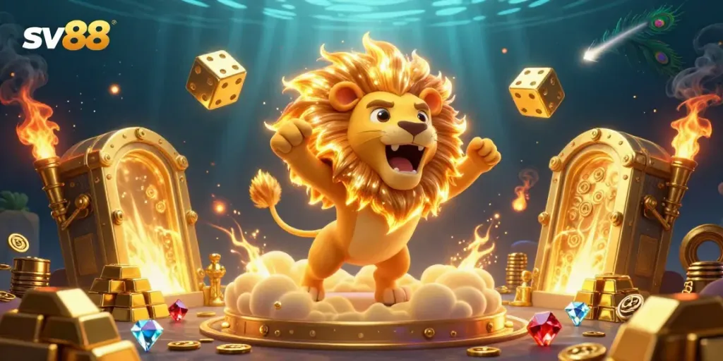 Experience thrill at sv88 with a roaring lion, golden dice, and vibrant jewels in an engaging casino scene.