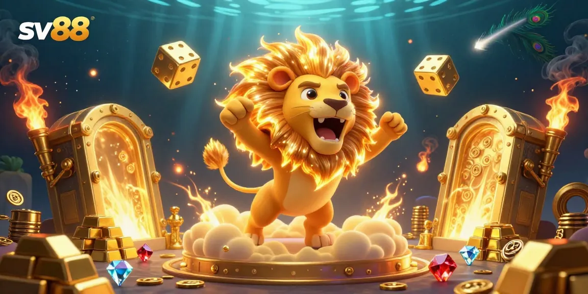 Experience thrill at sv88 with a roaring lion, golden dice, and vibrant jewels in an engaging casino scene.