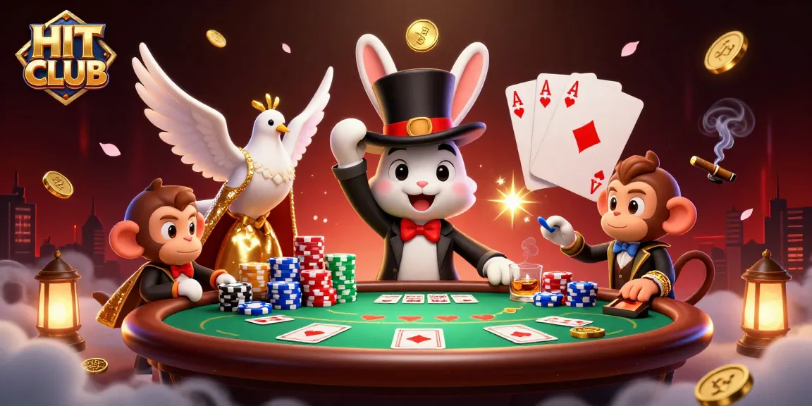 Enjoy captivating gaming action at HIT CLUB with characters engaging in poker and vibrant casino elements.