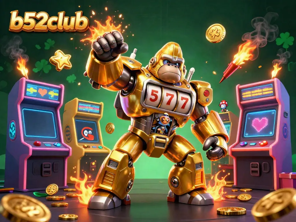 Experience b52club's thrilling gameplay with a dynamic gorilla mech and vibrant arcade elements