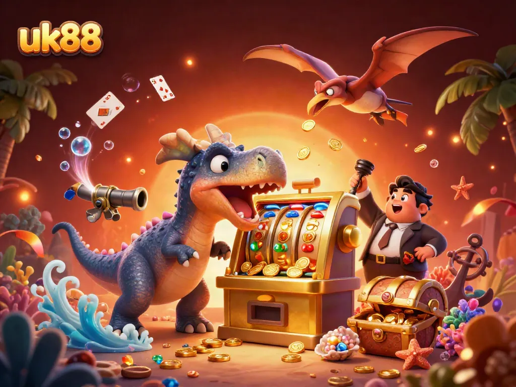 Experience the thrill of uk88 with a dinosaur jackpot scene, diving coins and playful creatures.