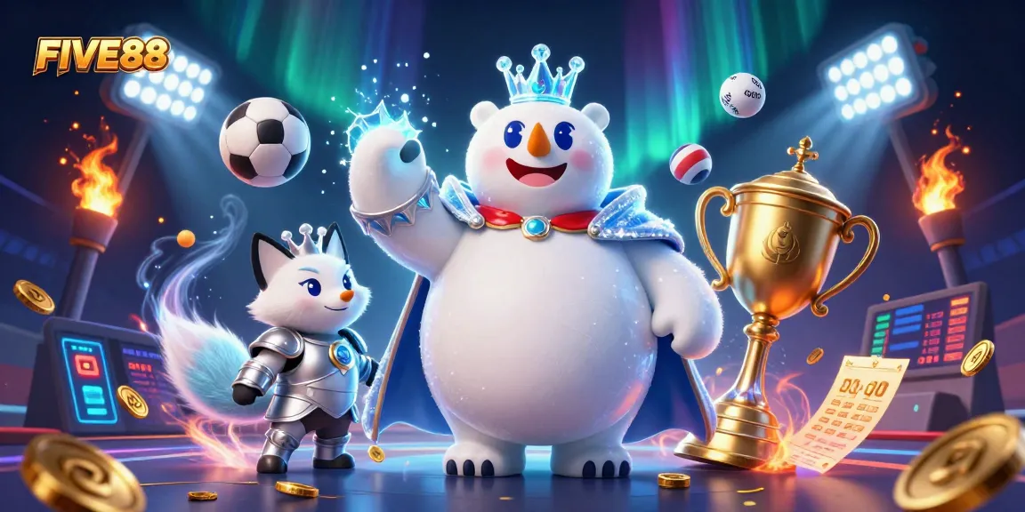 Experience the excitement of betting with FIVE88, featuring a dynamic casino scene of an ice king and sports elements.