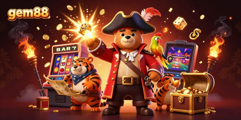 Experience dynamic gaming with gem88, featuring a thrilling 3D illustration of casino characters and jackpot excitement.