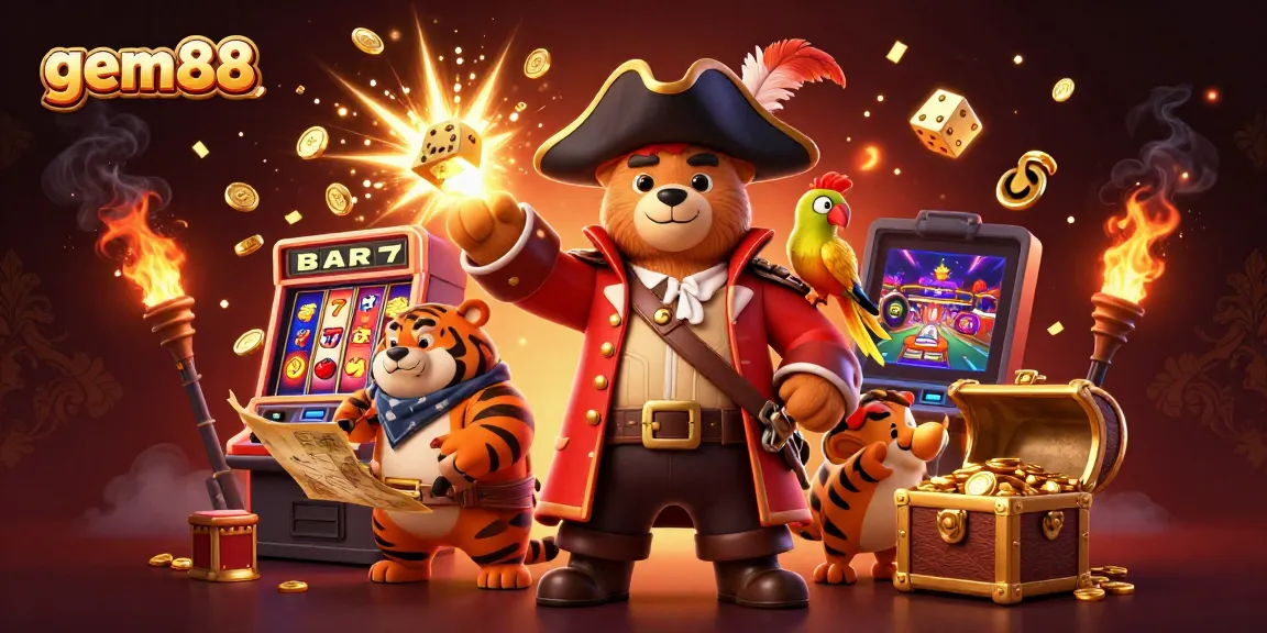 Experience dynamic gaming with gem88, featuring a thrilling 3D illustration of casino characters and jackpot excitement.