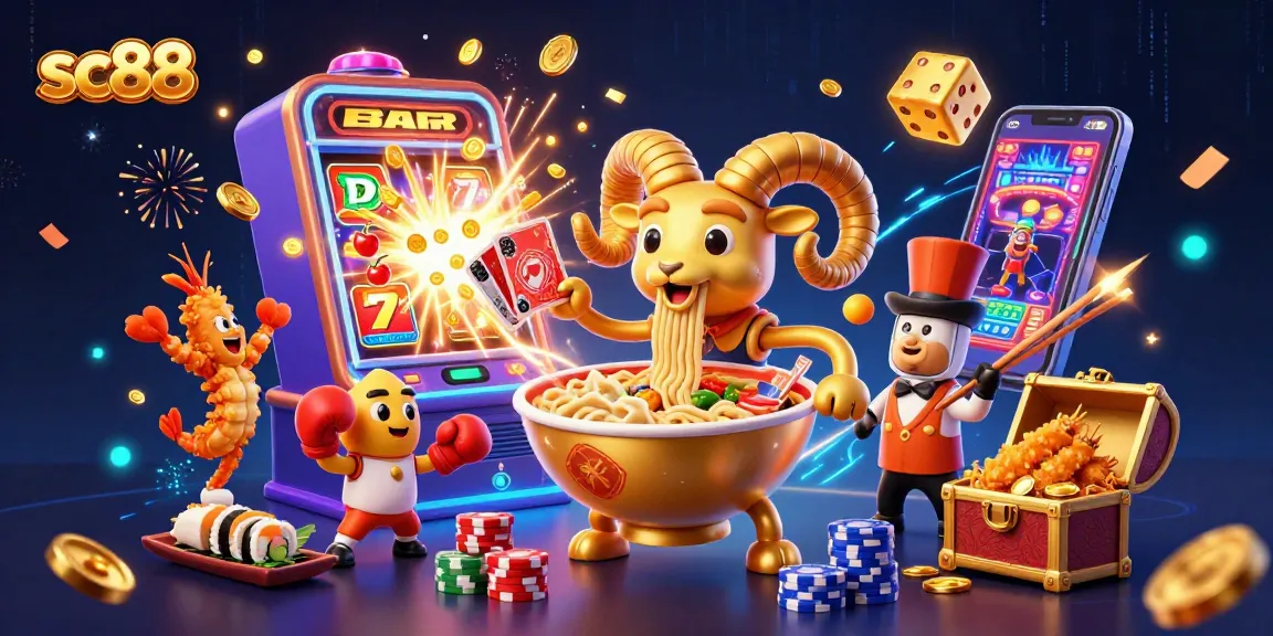 sc88 casino illustration features a giant ramen bowl dealer with vibrant action elements.