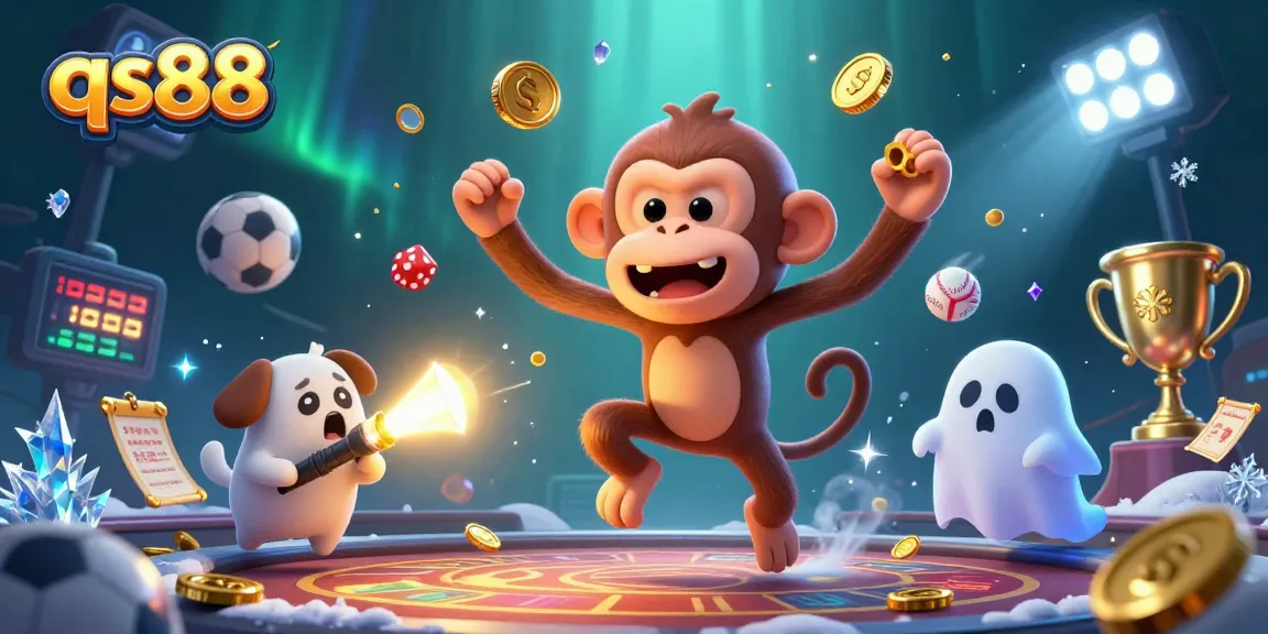 Experience thrilling gameplay with qs88 in a vibrant haunted casino scene featuring a playful monkey and ghost-hunter puppy.