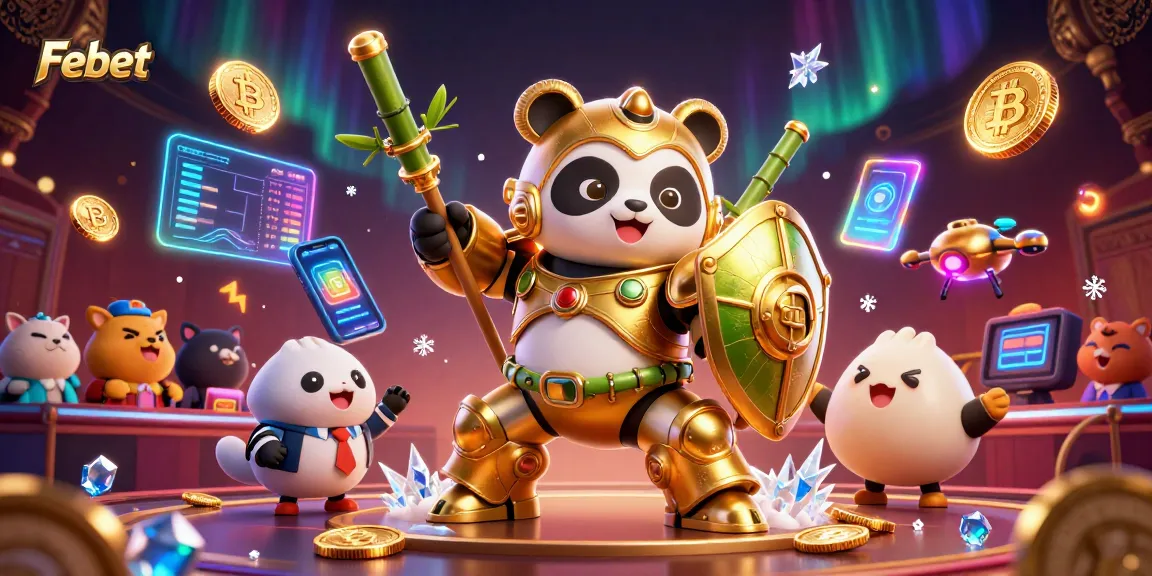 Experience thrilling gaming at Febet with an interactive casino scene featuring playful characters and dynamic elements.