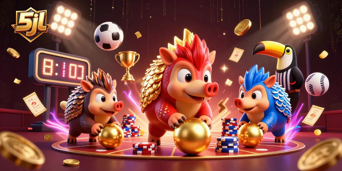 Engage in thrilling 5jl gameplay as rival pangolins compete amidst a vibrant casino backdrop.