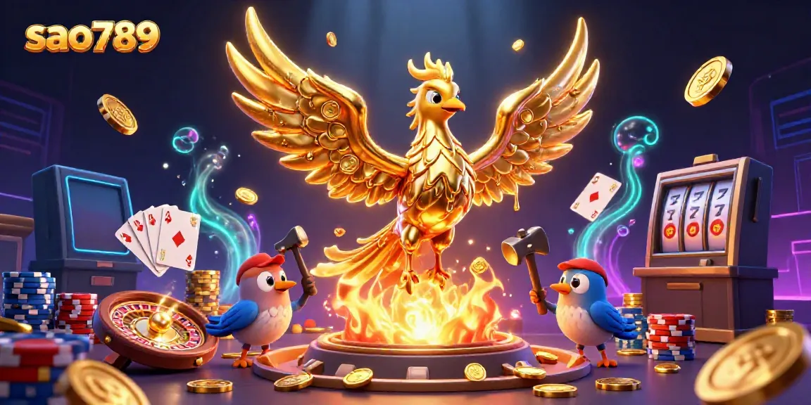 Engage with the dynamic world of sao789, showcasing a phoenix forming coins amidst vibrant casino elements.