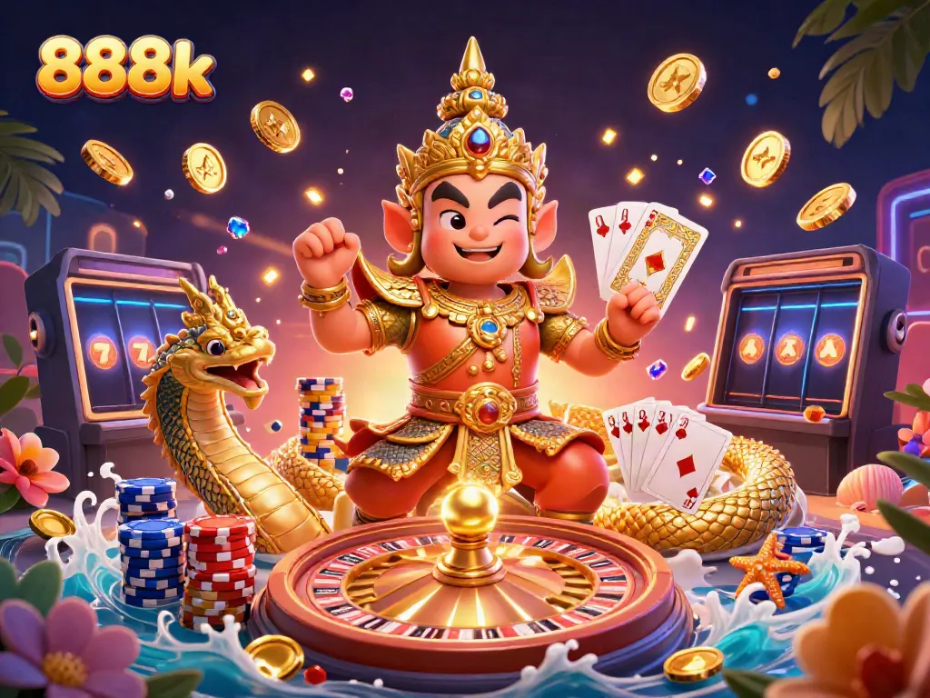 Experience thrilling gaming at 888k with vibrant 3D casino characters and dynamic slot elements.