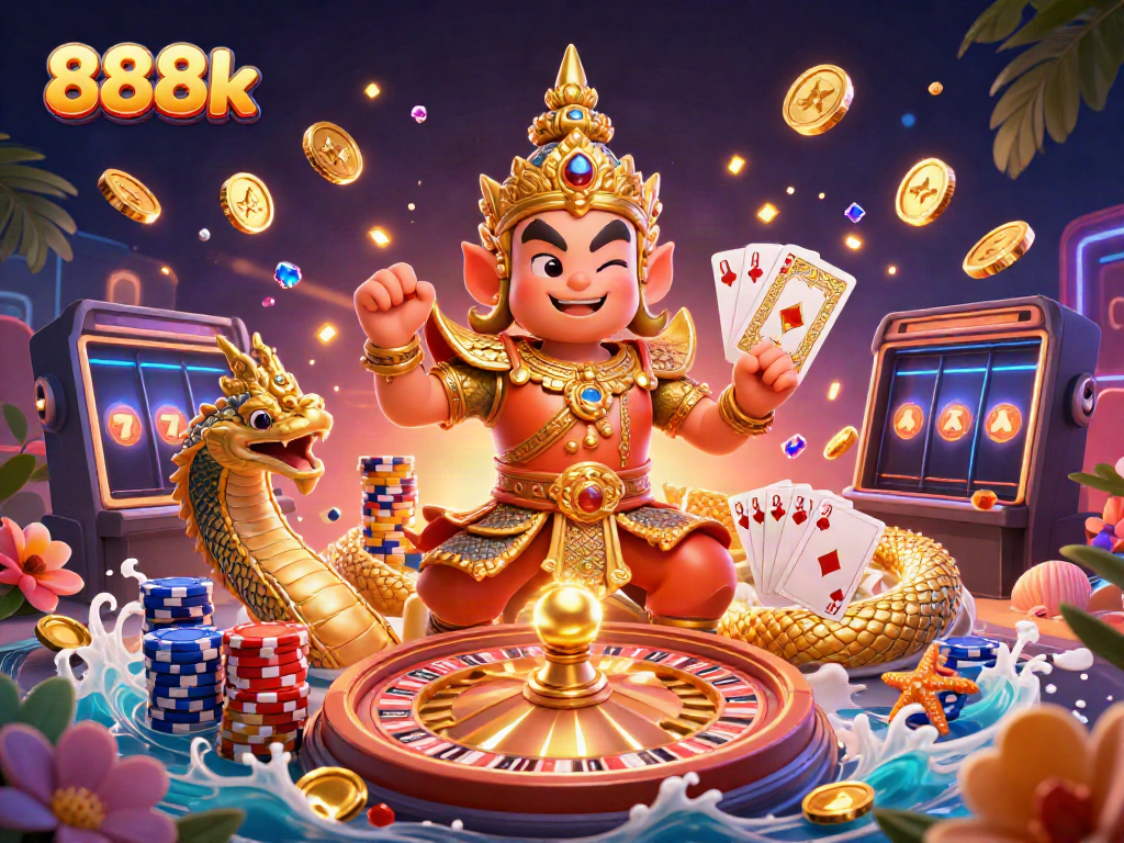 Experience thrilling gaming at 888k with vibrant 3D casino characters and dynamic slot elements.