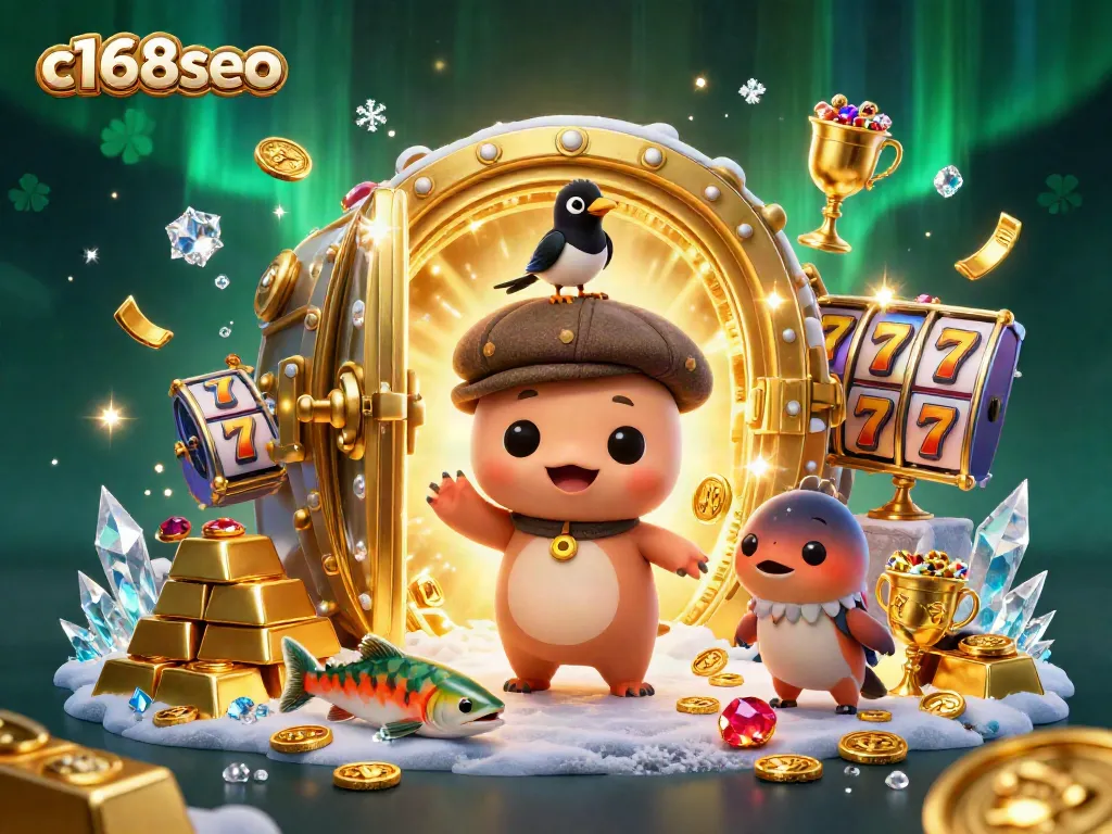 Win big with C168's fun 3D cartoon characters amid golden treasures and slots.