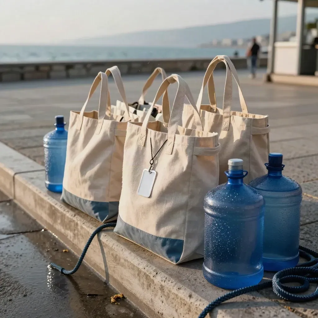 Kadıköy kıyısında gönüllü etkinliği için hazırlanmış çanta, rozet halkası ve su kasaları