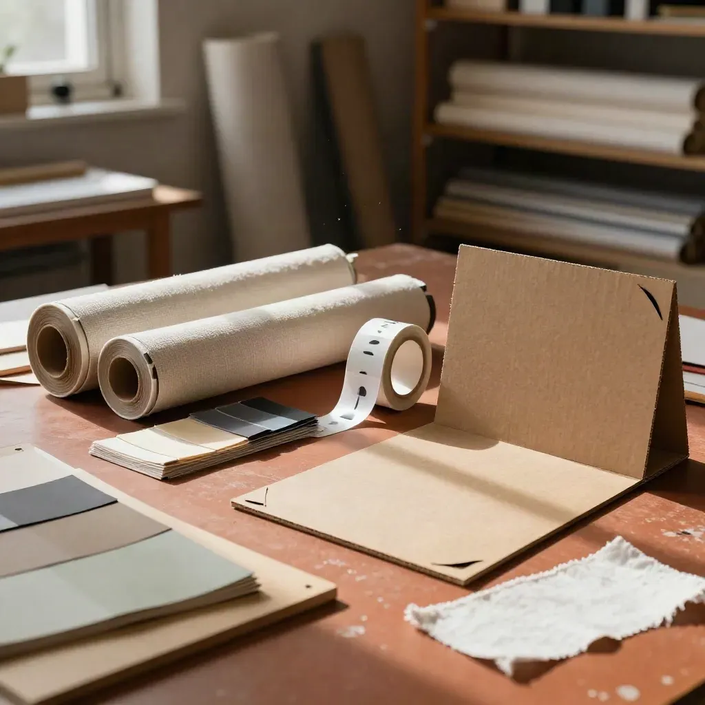 Renk örnekleri, afiş ruloları ve karton mockup panelleriyle kampanya hazırlığı