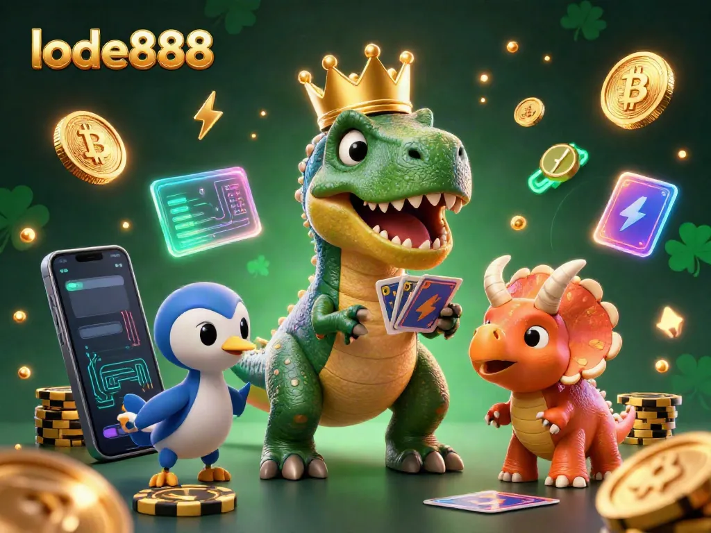 Join the fun with lode888 as a T-Rex shuffles cards while a pterodactyl holds them, and a triceratops stacks golden chips.