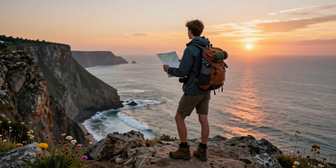 Youthful adventurer exploring the ocean cliffs with rokok88 travel gear during a stunning sunset