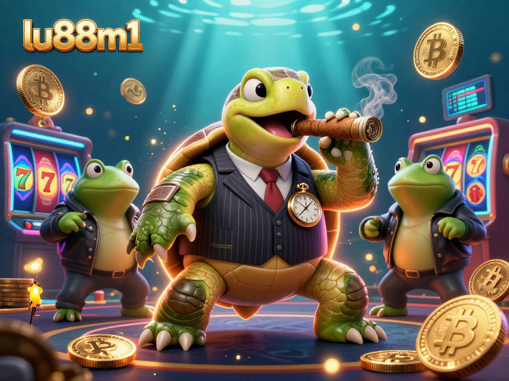 Experience vibrant casino action with lu88m1 featuring a turtle in mobster attire amidst jackpot reels.
