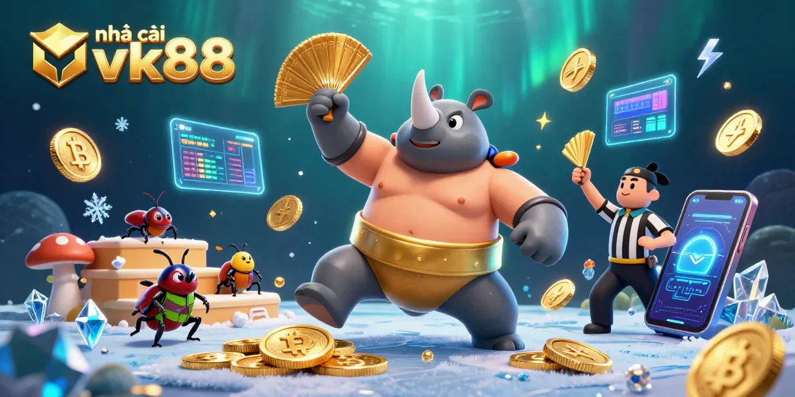 Engage with nhà cái vk88 as a 3D beetle champion strikes, sending casino coins flying.