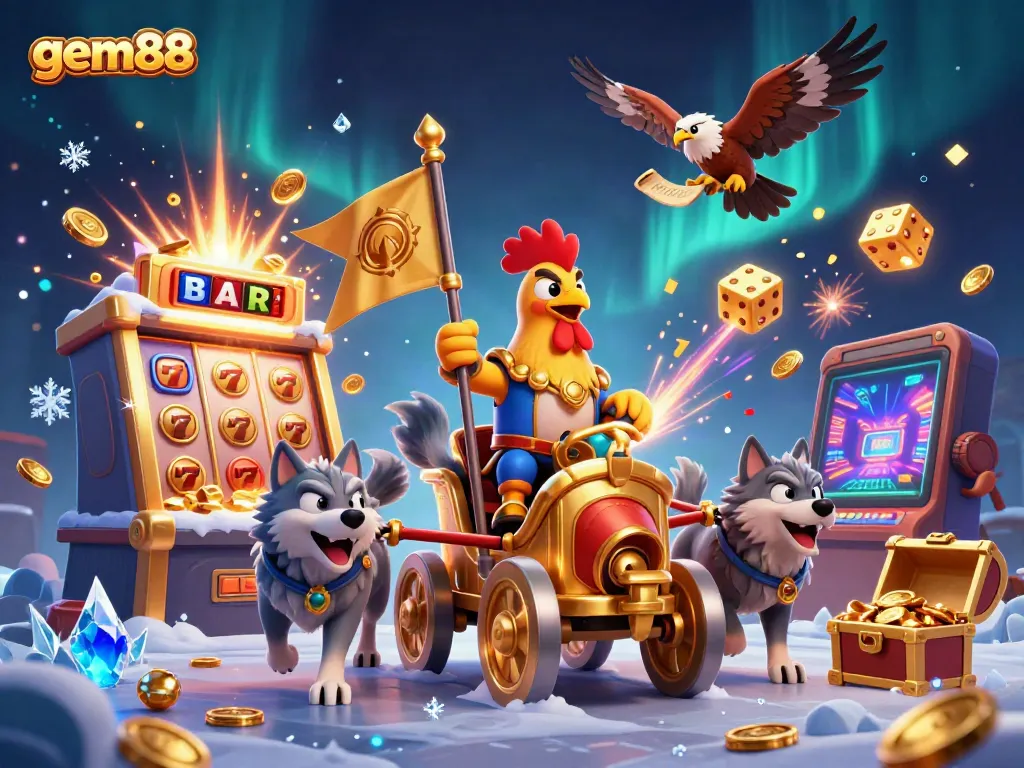 Experience exhilarating gameplay at gem88 with a vibrant 3D illustration of a rooster warlord and casino elements.