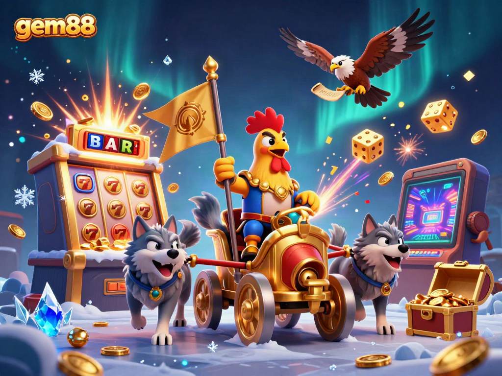 Experience exhilarating gameplay at gem88 with a vibrant 3D illustration of a rooster warlord and casino elements.