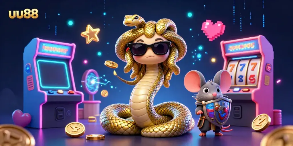 uu88 casino illustration featuring Medusa, a warrior mouse, and vibrant arcade elements.