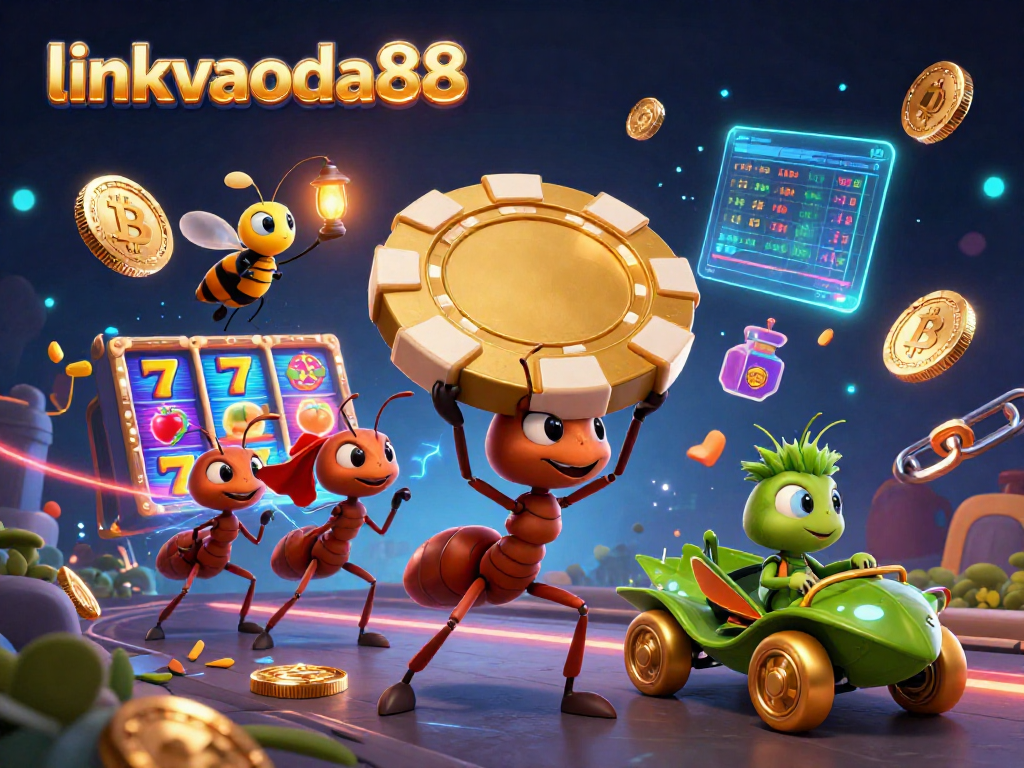 Engage with linkvaoda88 in a thrilling cartoon heist featuring ants and golden poker chips.