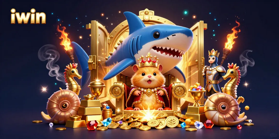 Play thrilling games with iwin's golden hamster king amidst treasure in this vibrant illustration.