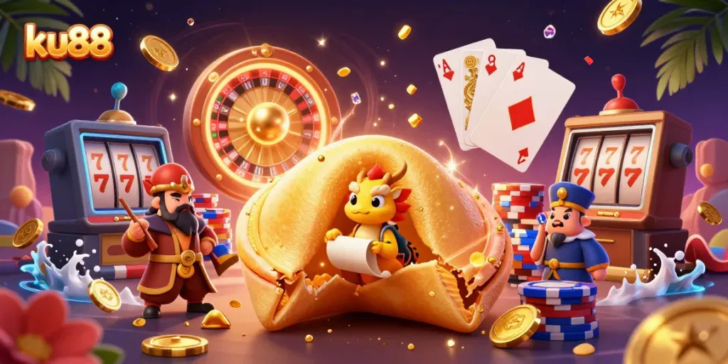 Experience thrilling gaming adventures on ku88 with whimsical 3D fortune cookie and casino elements.