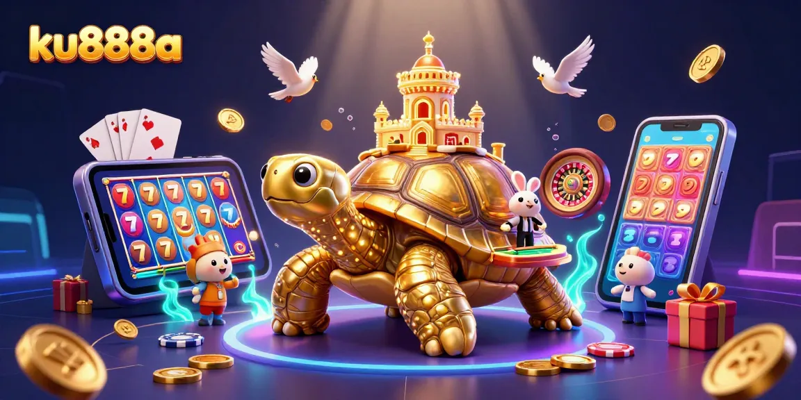 Experience the excitement of ku888a with a vibrant 3D casino scene featuring thrilling games and festive elements.