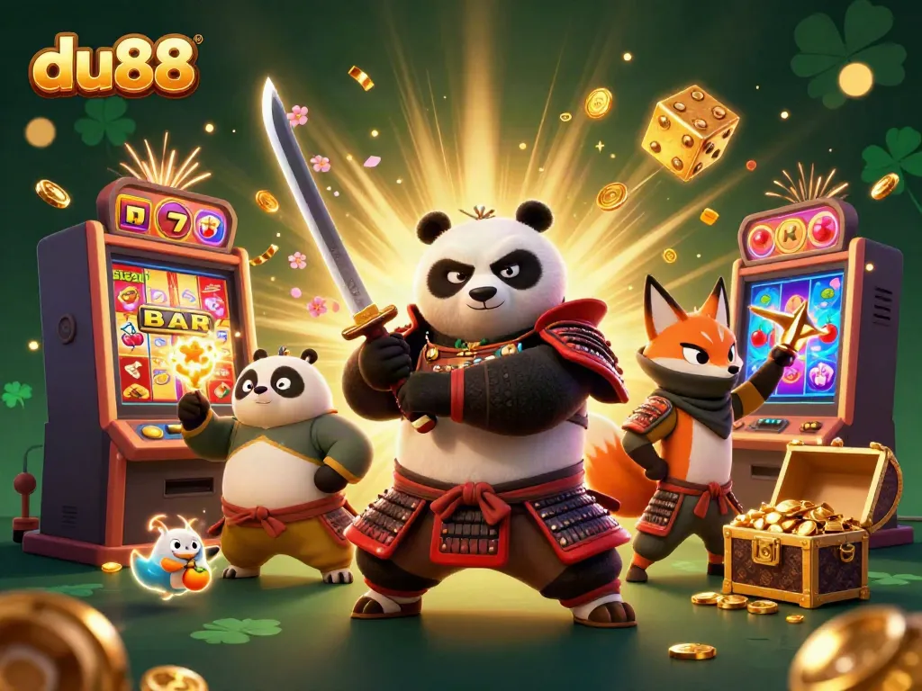 Experience the thrill of du88 with a dynamic scene of a panda samurai, ninja fox, and magical tanuki amidst jackpot excitement.