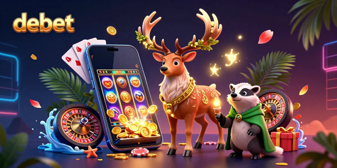 Engage in thrilling betting action with debet, featuring a colorful slots scene filled with gold coins, cards, and rich characters.
