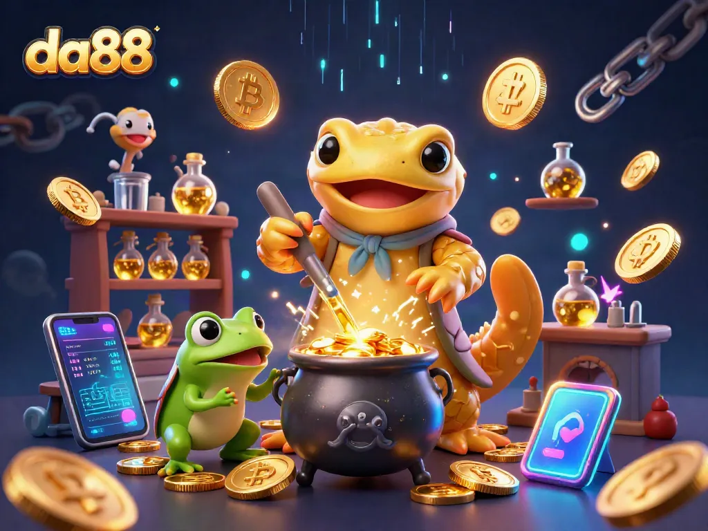 Spin da88's vibrant gold coins and crypto elements in an enchanting alchemist's workshop