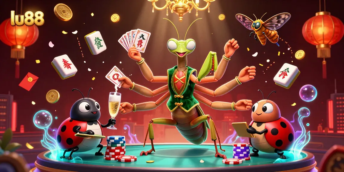 Experience thrilling gameplay at lu88 while a giant mantis entertains with cards and chips.