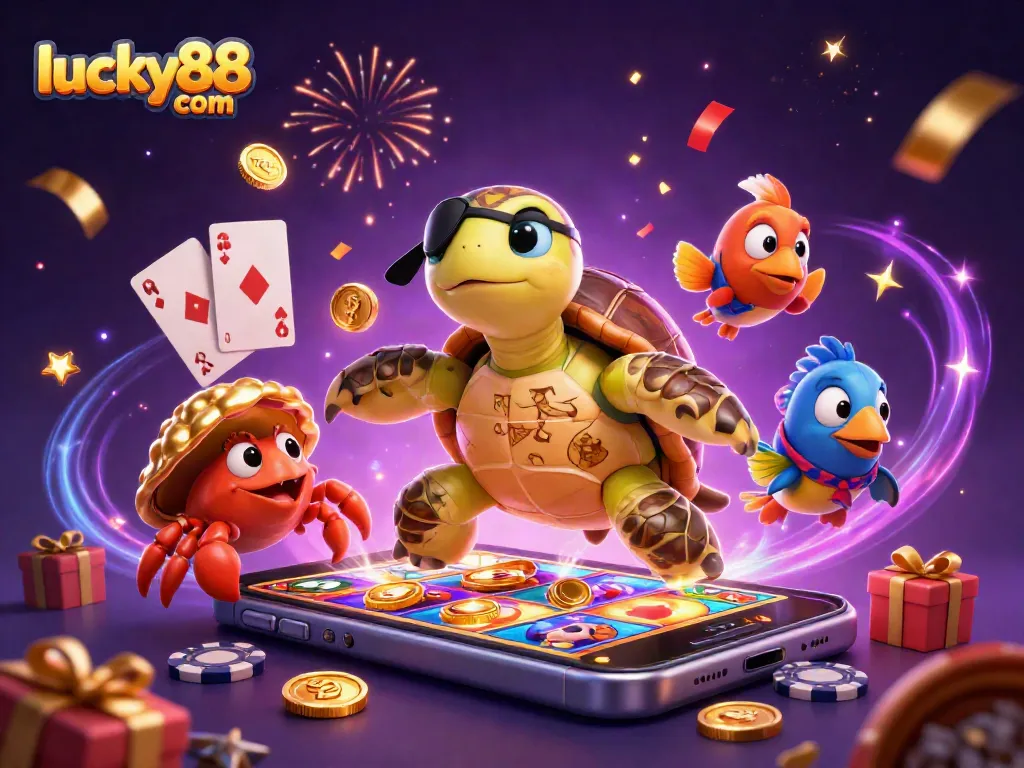 Spin and win at lucky88 com with vibrant 3D illustration of casino-themed characters and games.