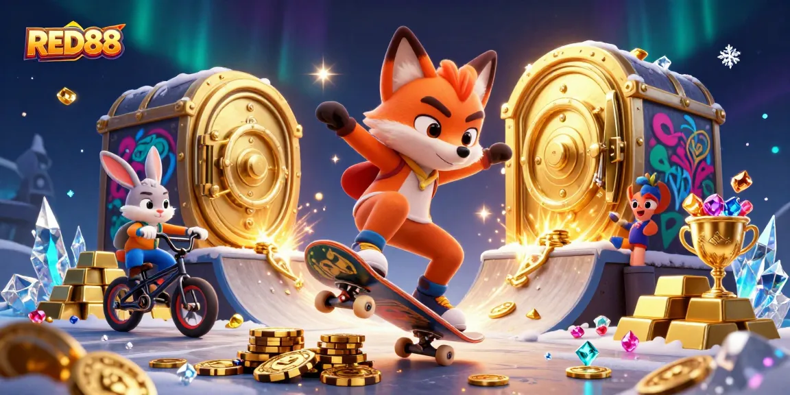 Experience the thrill of RED88 with a skateboard fox and BMX rabbit in a vibrant 3D casino scene.