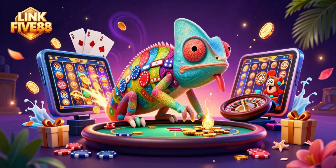 Experience thrilling gaming action with LINK FIVE88 as a vibrant chameleon snaps up golden coins!