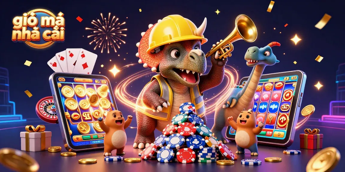 Engaging illustration featuring giải mã nhà cái, showcasing dinosaurs amidst vibrant casino elements celebrating wins.