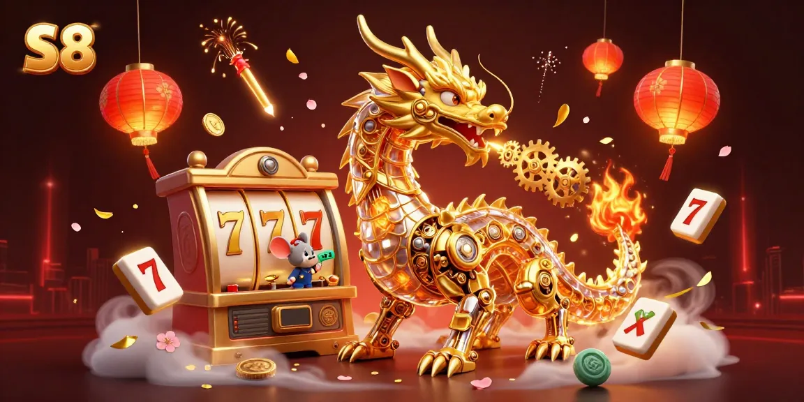 S8 engages players with a dynamic 3D casino scene featuring a golden dragon and vivid gaming elements.