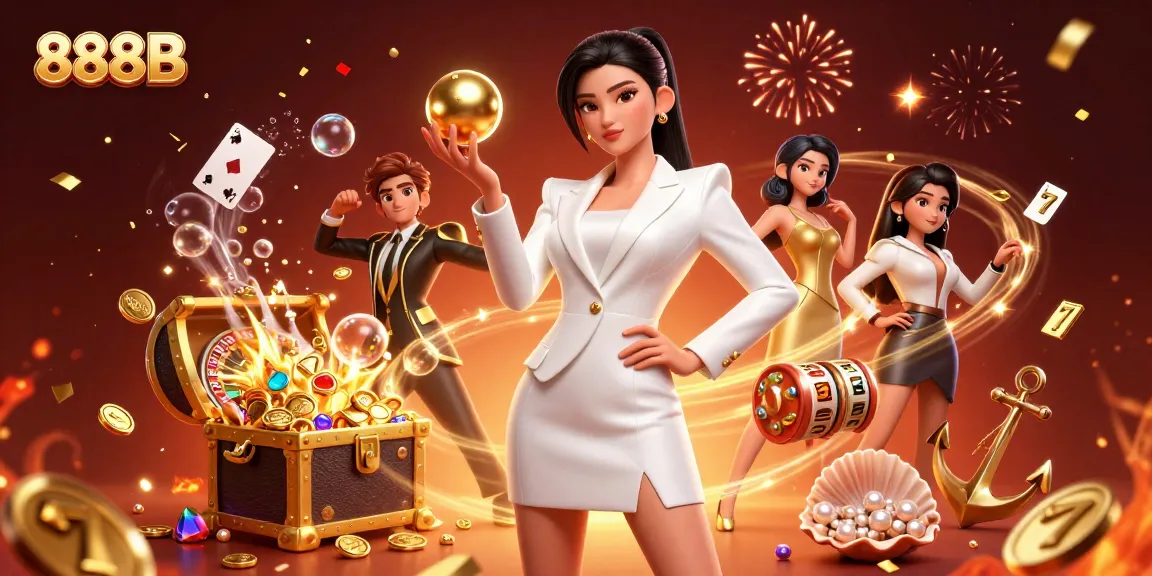 Engage with 888B in an exciting casino scene showcasing a glamorous woman amidst vibrant slot and roulette elements.