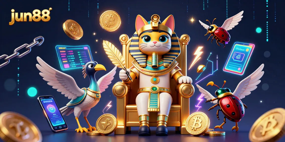Experience thrilling gaming adventures at jun88 with a vibrant 3D illustration of a pharaoh cat and crypto coins.