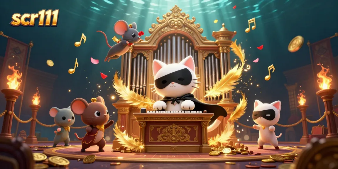 Win big with scr111, featuring a dramatic 3D casino illustration of whimsical characters and gambling elements.