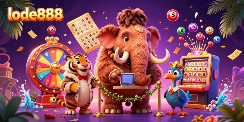 Experience excitement at lode888 with a colorful lottery scene featuring unique characters and dynamic elements.