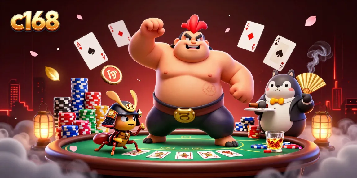 Play blackjack at c168 with a sumo rooster and samurai cricket in vibrant 3D casino scene.