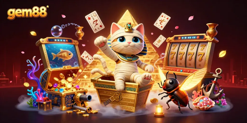 Experience thrilling gaming moments with gem88's Egyptian mummy cat and lively slot elements.