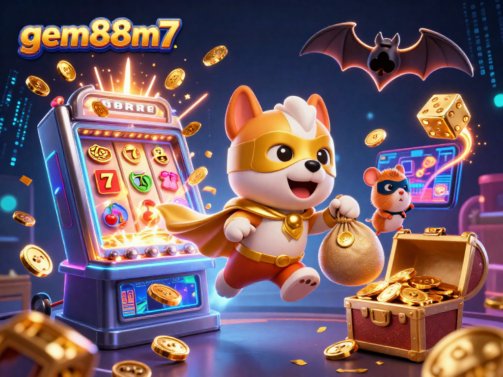 Engage with gem88m7, explore thrilling jackpots with superhero characters in a vibrant casino scene.