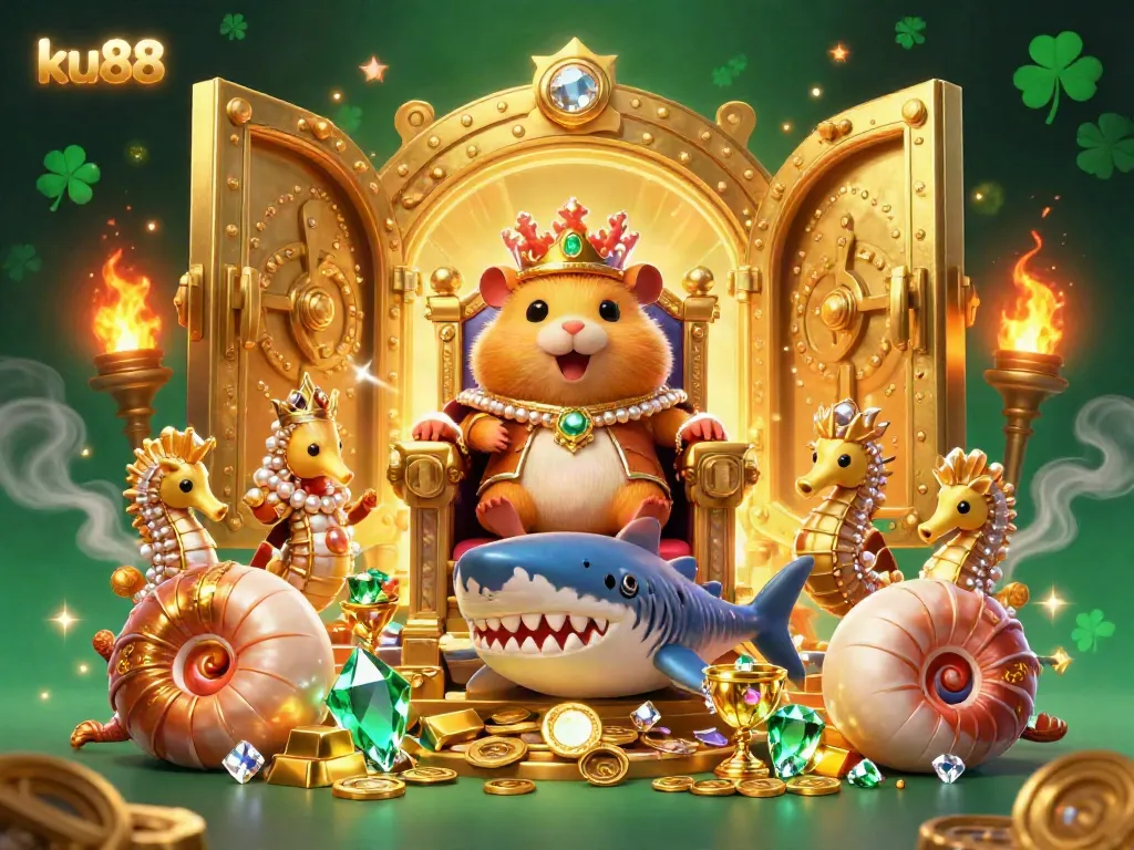 Experience the thrilling adventure at ku88 as the golden hamster king rules from his treasure throne surrounded by jewel riches.
