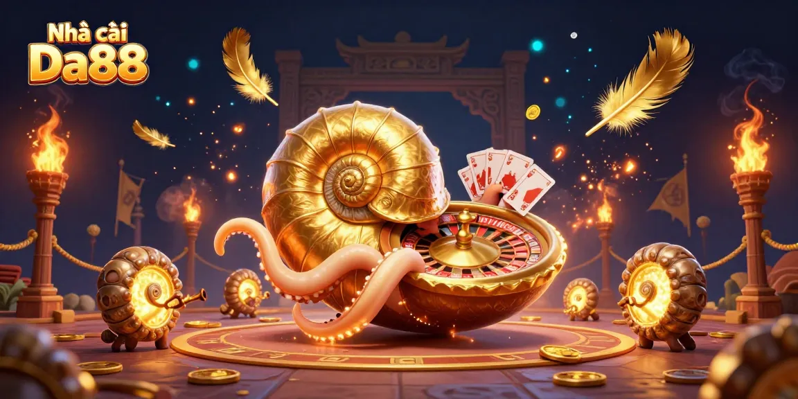 Engage in exciting games at Nhà cái Da88 with a giant nautilus roulette wheel and glowing cards.
