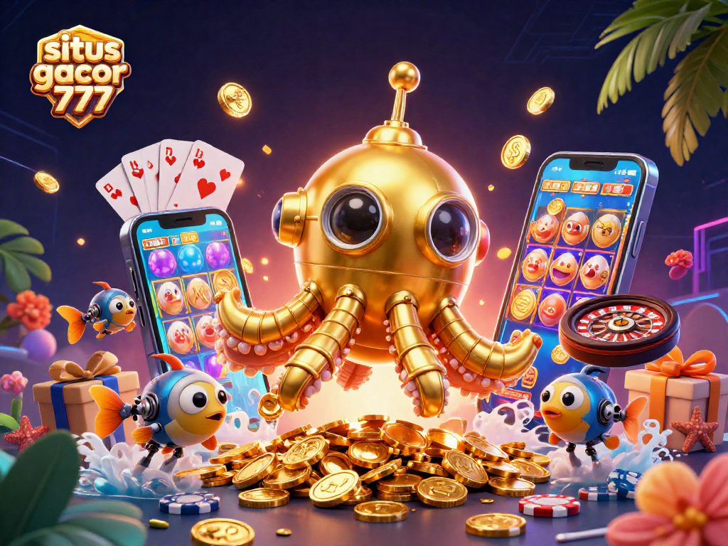 Situs slot gacor 777 showcases a golden kraken submarine amidst gold coins and vibrant casino game elements.
